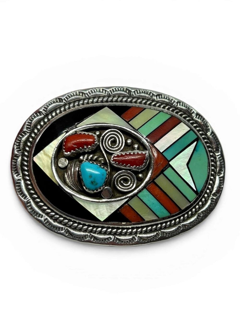 Vintage  Zuni stone inlay sterling silver belt buckle singed TD